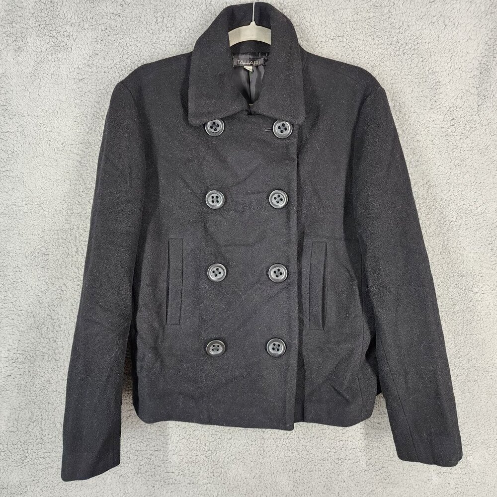 Tahari Women's Size 14 Black Wool Double Breasted‎ Long Sleeve Peacoat Jacket